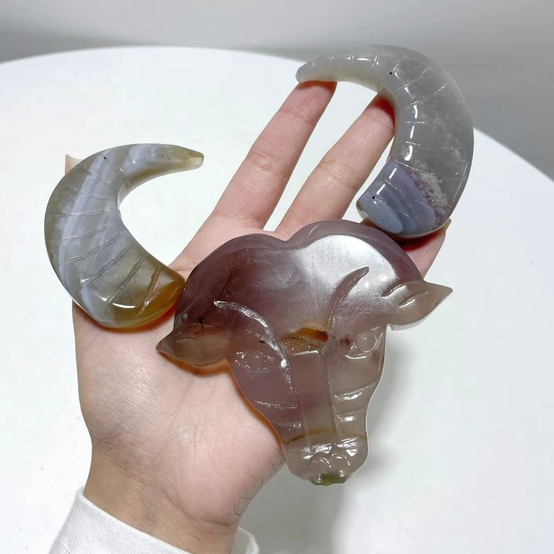 3 Pieces Geode Druzy Agate Ox Head Crystal Carving - Image 4