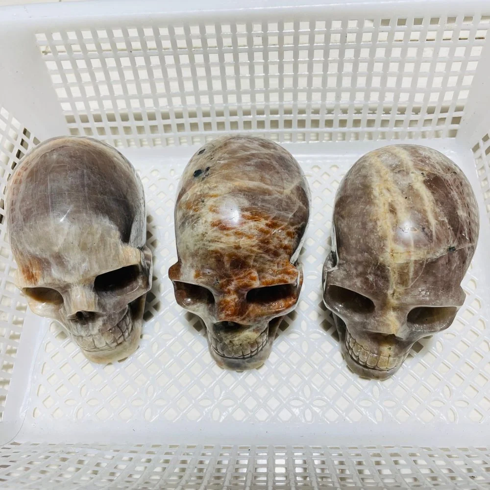 3 Pieces Moonstone Mixed Sunstone Skull Carving - Image 4