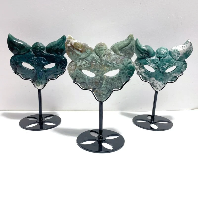3 Pieces Moss Agate Fox Mask Carving With Stand