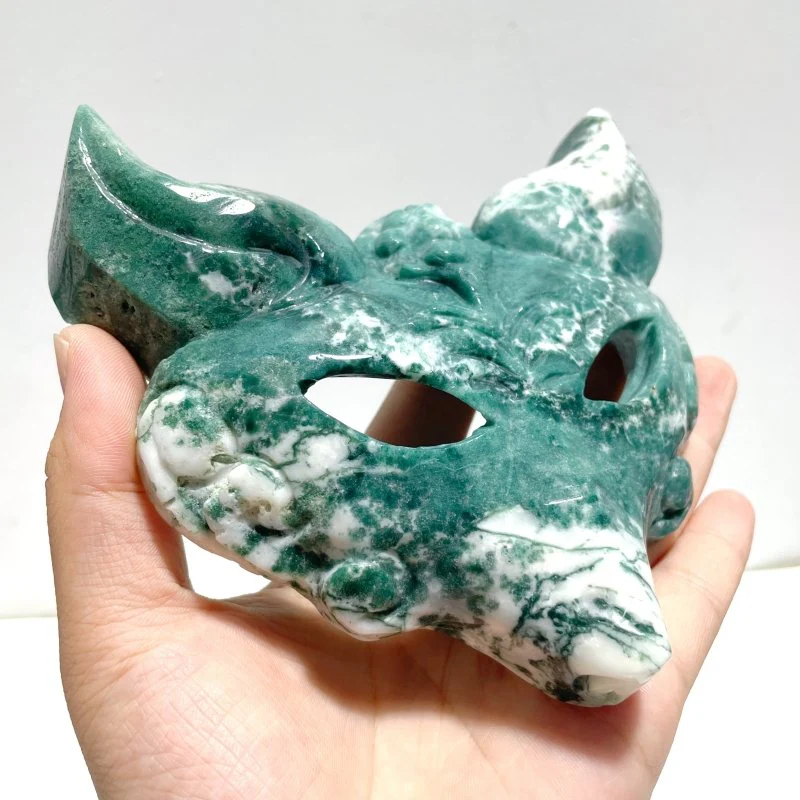 3 Pieces Moss Agate Fox Mask Carving With Stand - Image 3