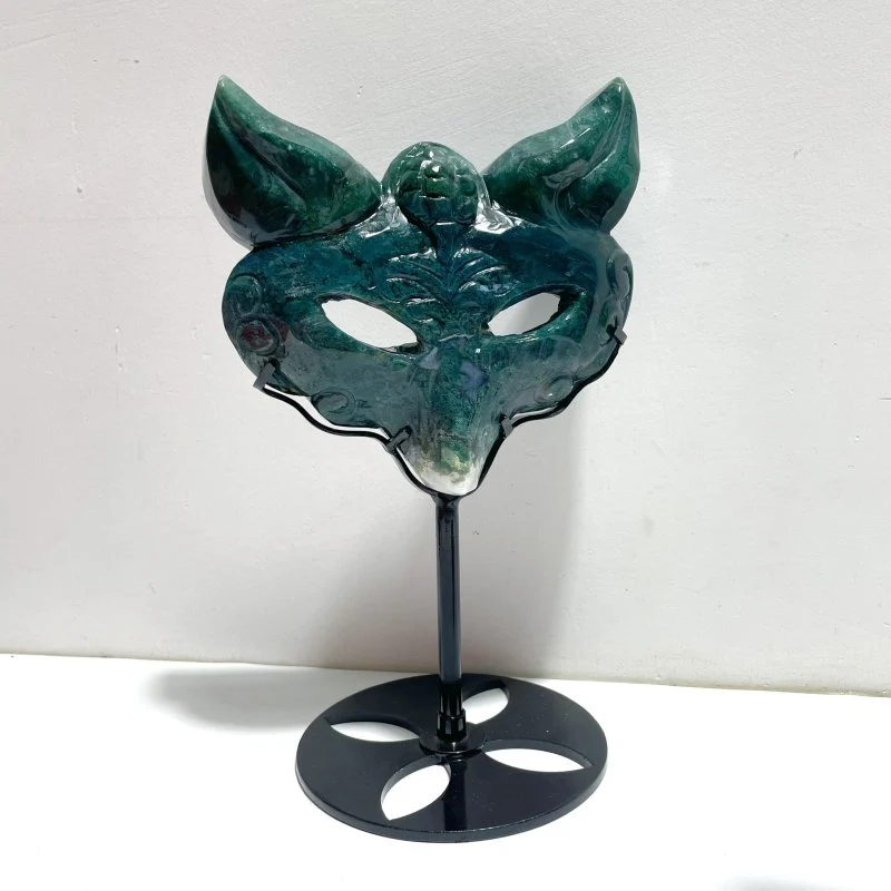 3 Pieces Moss Agate Fox Mask Carving With Stand - Image 4