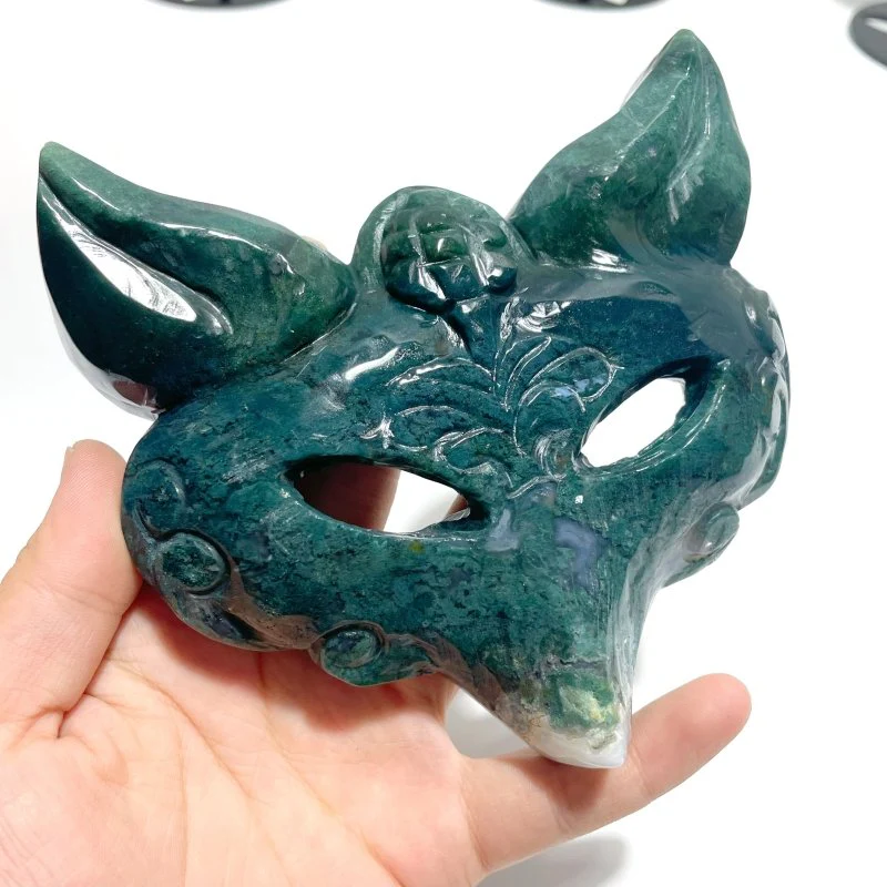 3 Pieces Moss Agate Fox Mask Carving With Stand - Image 5
