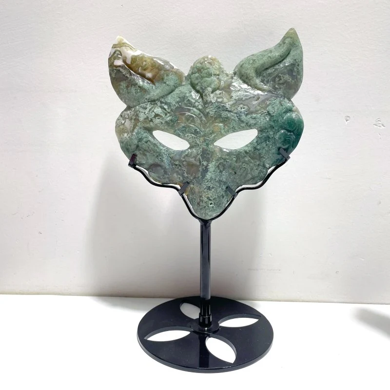 3 Pieces Moss Agate Fox Mask Carving With Stand - Image 6
