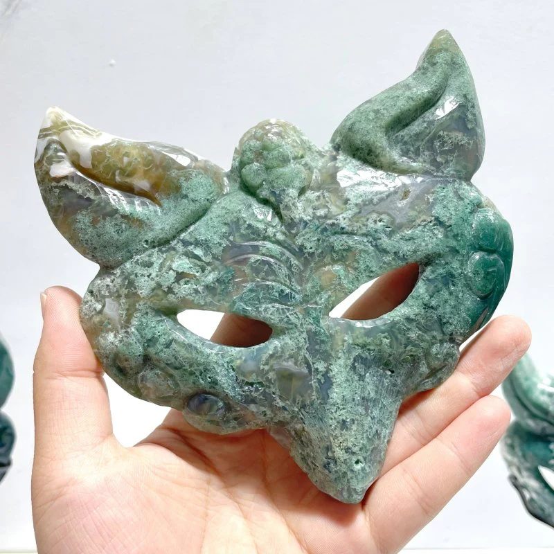 3 Pieces Moss Agate Fox Mask Carving With Stand - Image 7