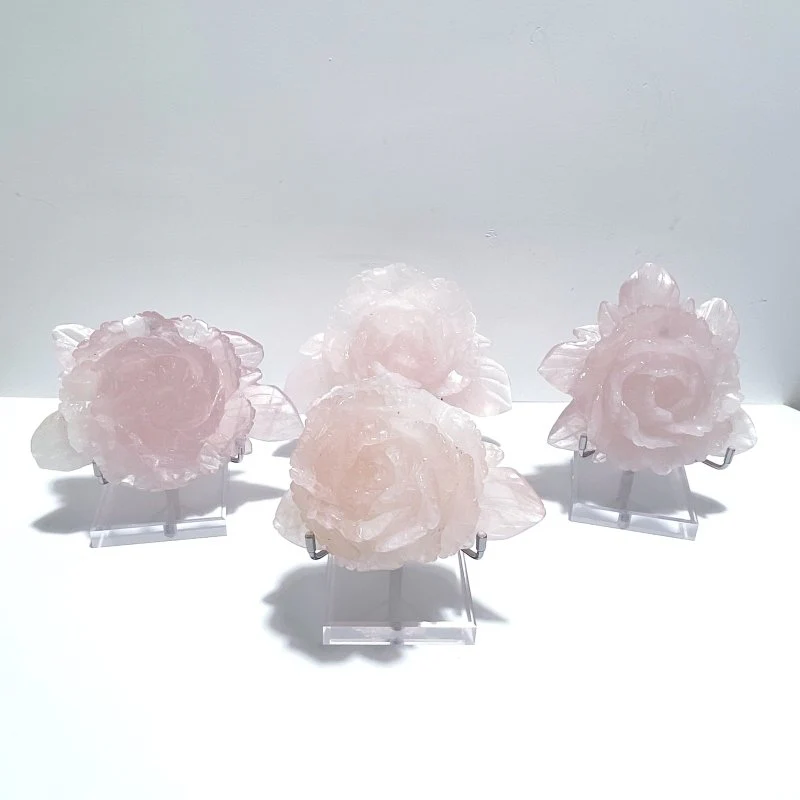4 Pairs Beautiful Rose Quartz Flower Carving With Stand