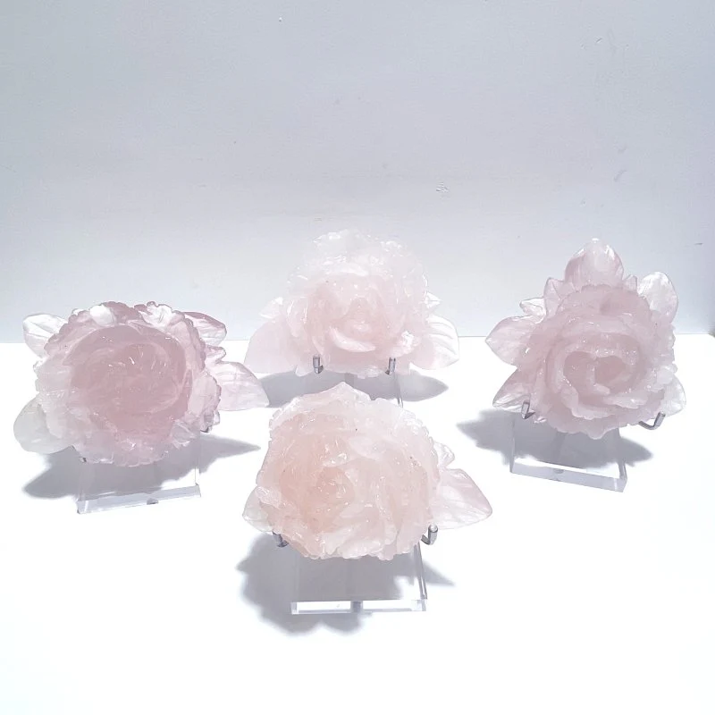 4 Pairs Beautiful Rose Quartz Flower Carving With Stand - Image 3