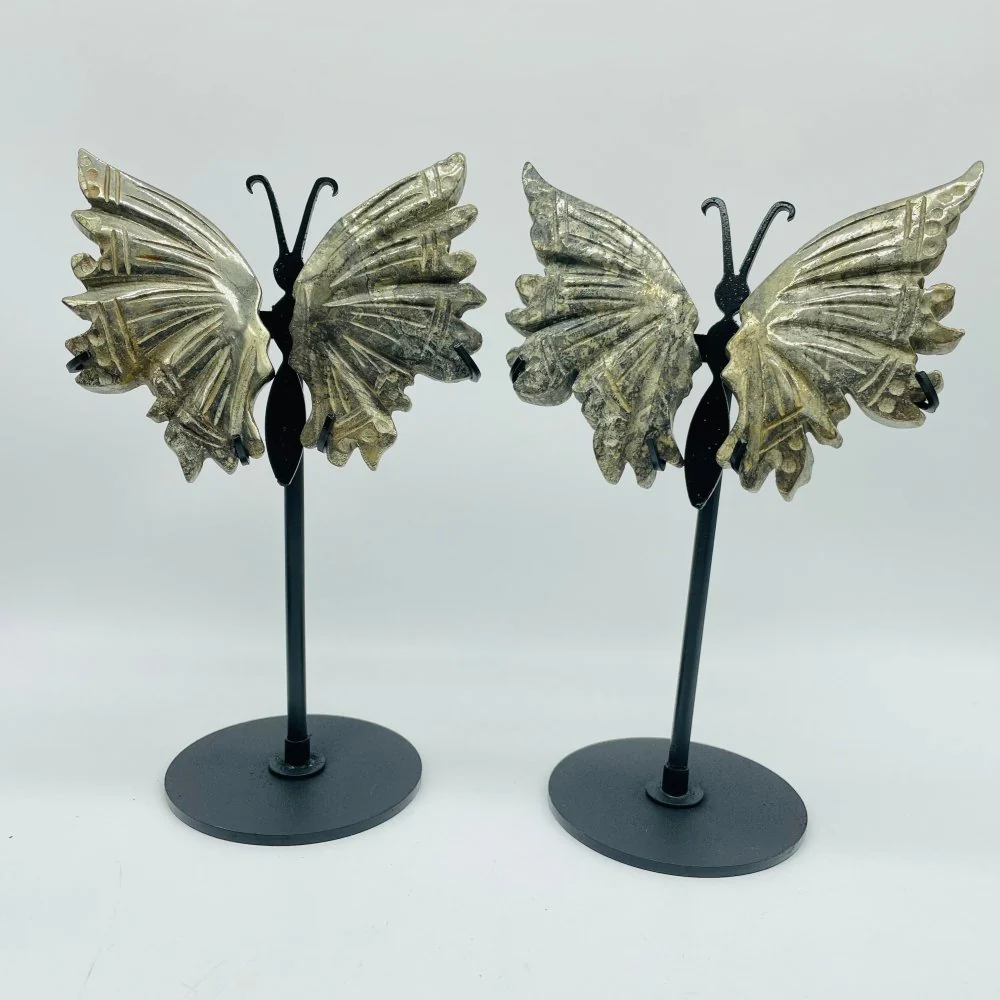 4 Pairs High Quality Pyrite Butterfly Carving With Stand - Image 3