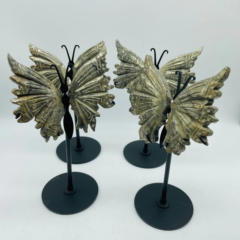 4 Pairs High Quality Pyrite Butterfly Carving With Stand - Image 4