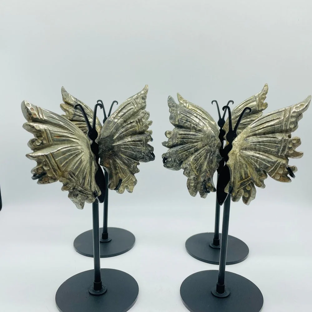 4 Pairs High Quality Pyrite Butterfly Carving With Stand - Image 5