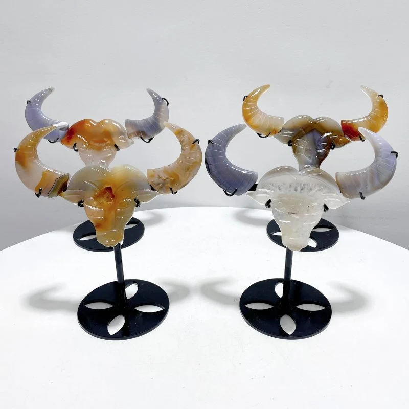 4 Pieces Beautiful Geode Druzy Agate Ox Head Crystal Carving With Stand