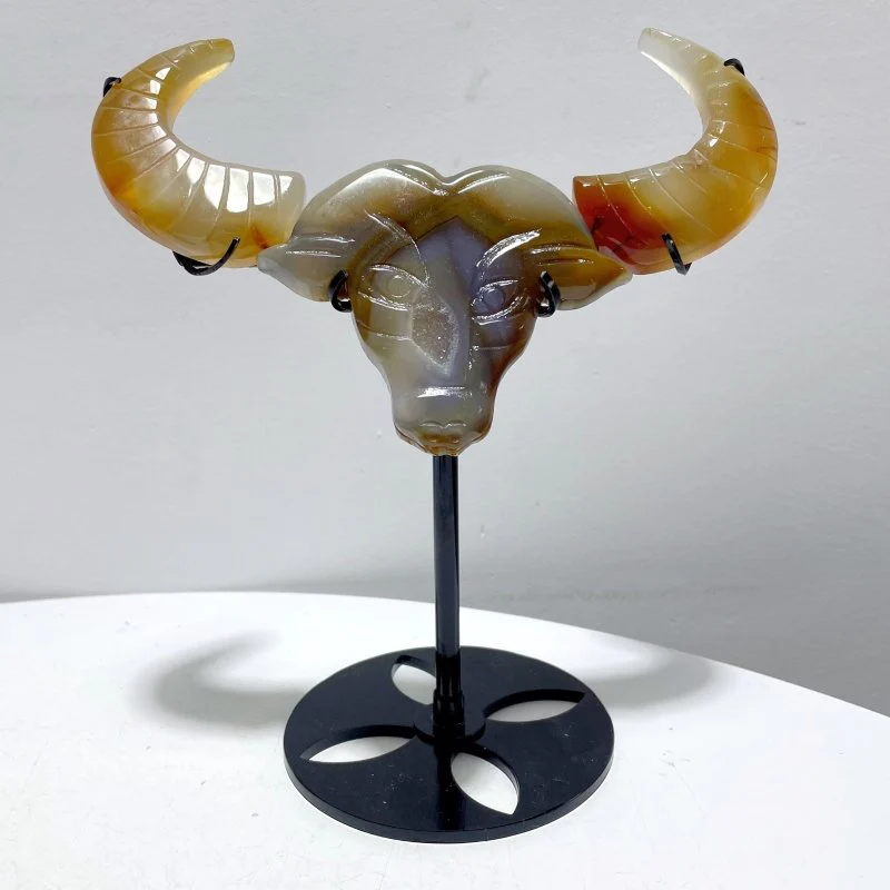4 Pieces Beautiful Geode Druzy Agate Ox Head Crystal Carving With Stand - Image 2