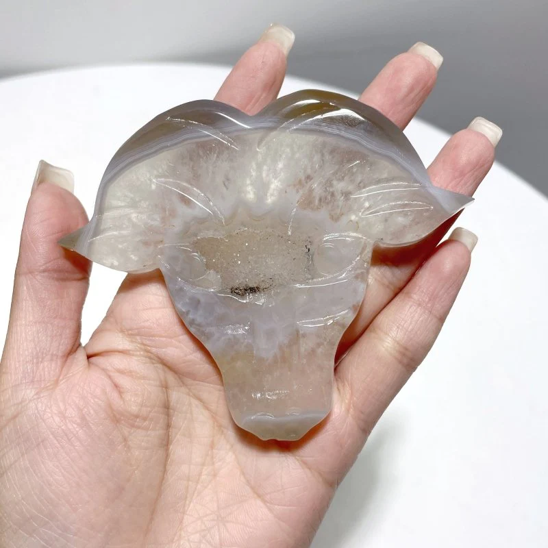 4 Pieces Beautiful Geode Druzy Agate Ox Head Crystal Carving With Stand - Image 4