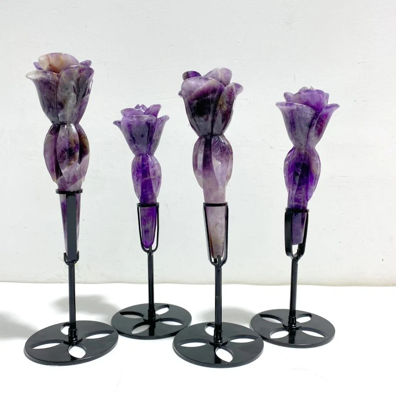 4 Pieces Chevron Amethyst Flower Carving With Stand