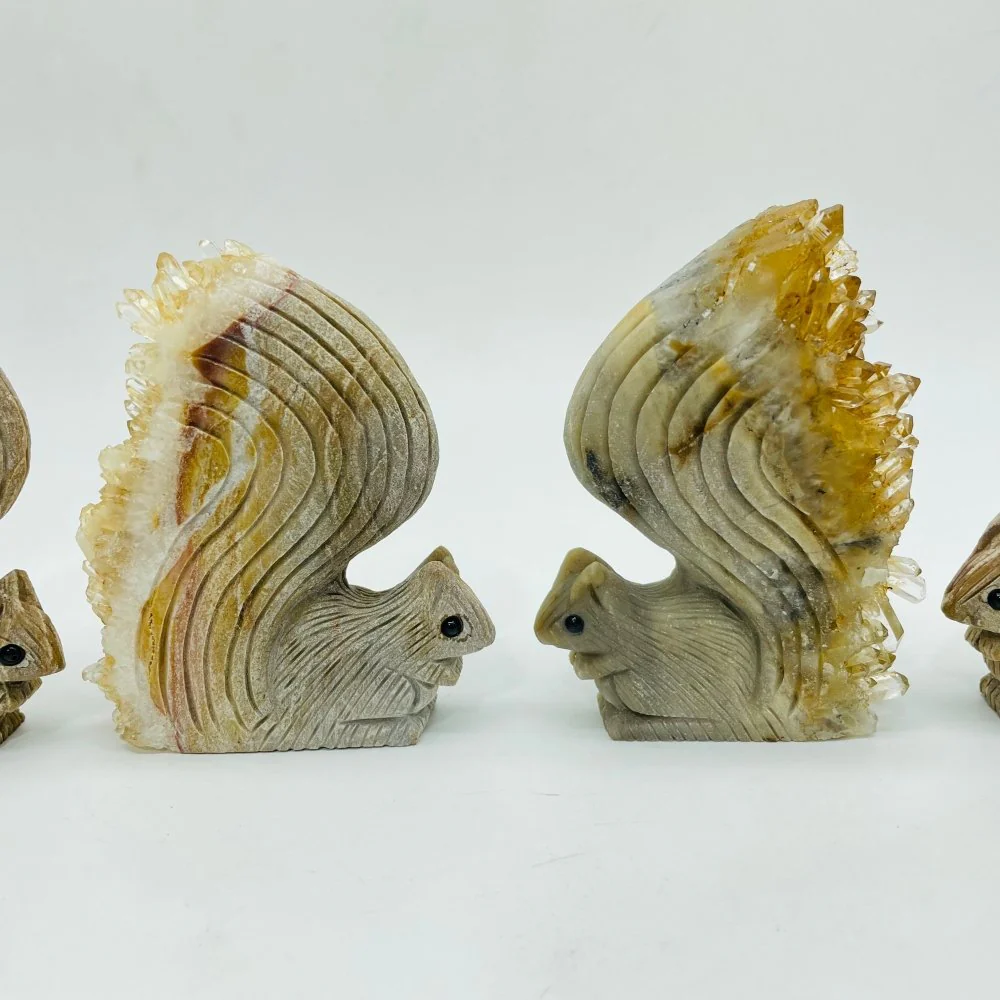 4 Pieces Cute Tangerine Orange Quartz Cluster Squirrel Carving