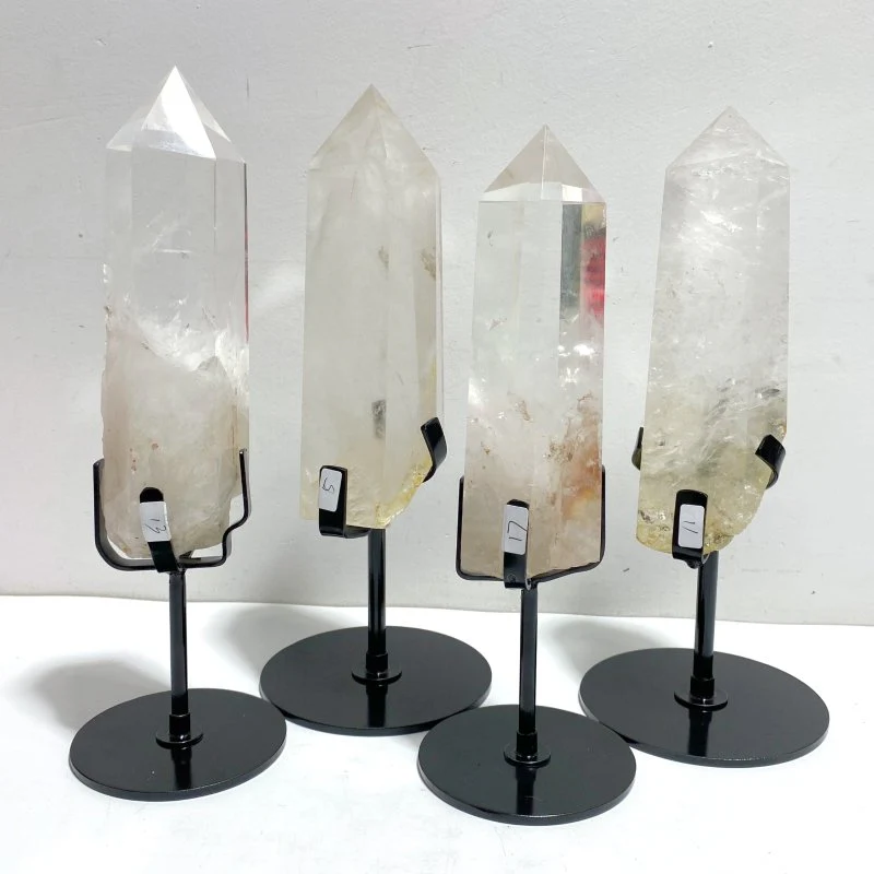4 Pieces Large Clear Quartz Point With Rainbow Raw Bottom With Stand #4