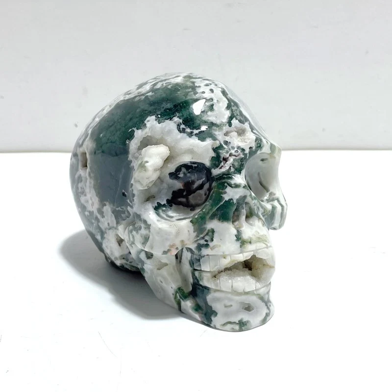 Unique Large Geode Druzy Moss Agate Skull Carving