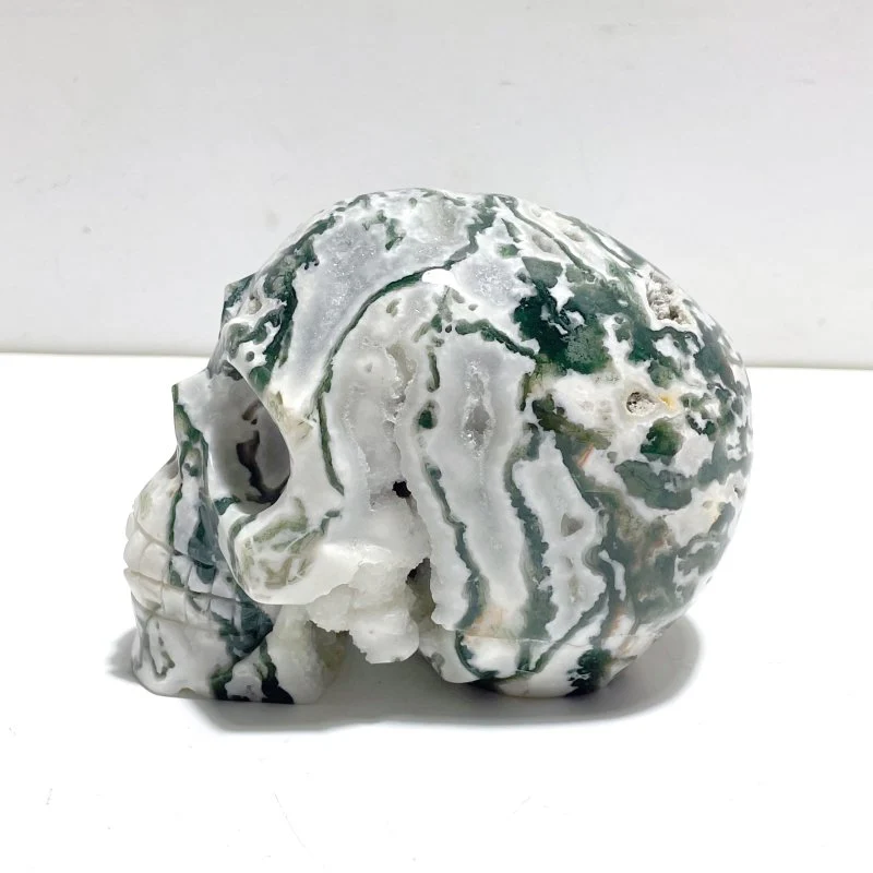 Unique Large Geode Druzy Moss Agate Skull Carving - Image 2