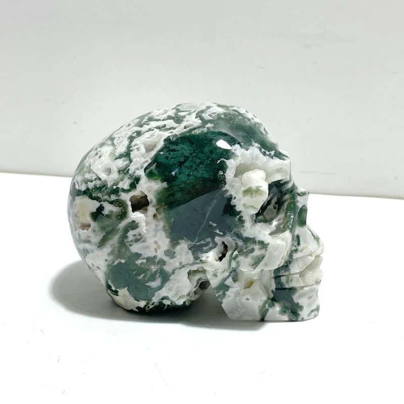 Unique Large Geode Druzy Moss Agate Skull Carving - Image 3