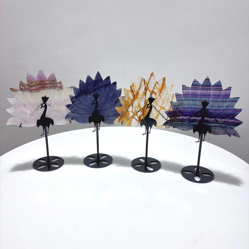 4 Pieces Peacock Shape Stone Carving With Stand Fluorite Amethyst Mixed Agate