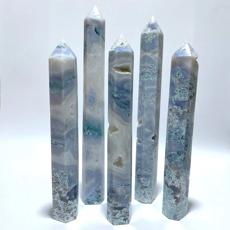 5 Pieces Tall Geode White Moss Agate Points