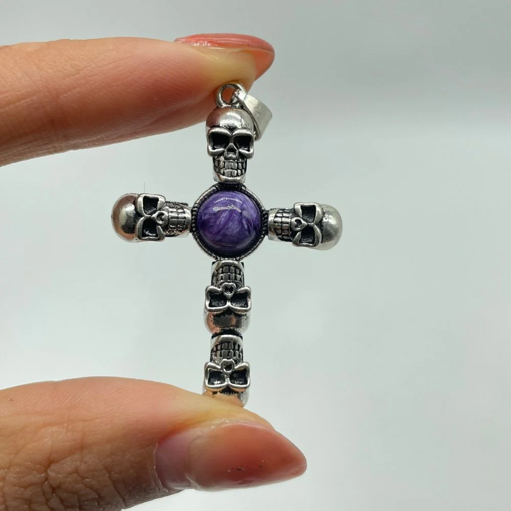 4 Types Skull Cross Pendant Wholesale Charoite Sunstone Malachite Moonstone - Image 8