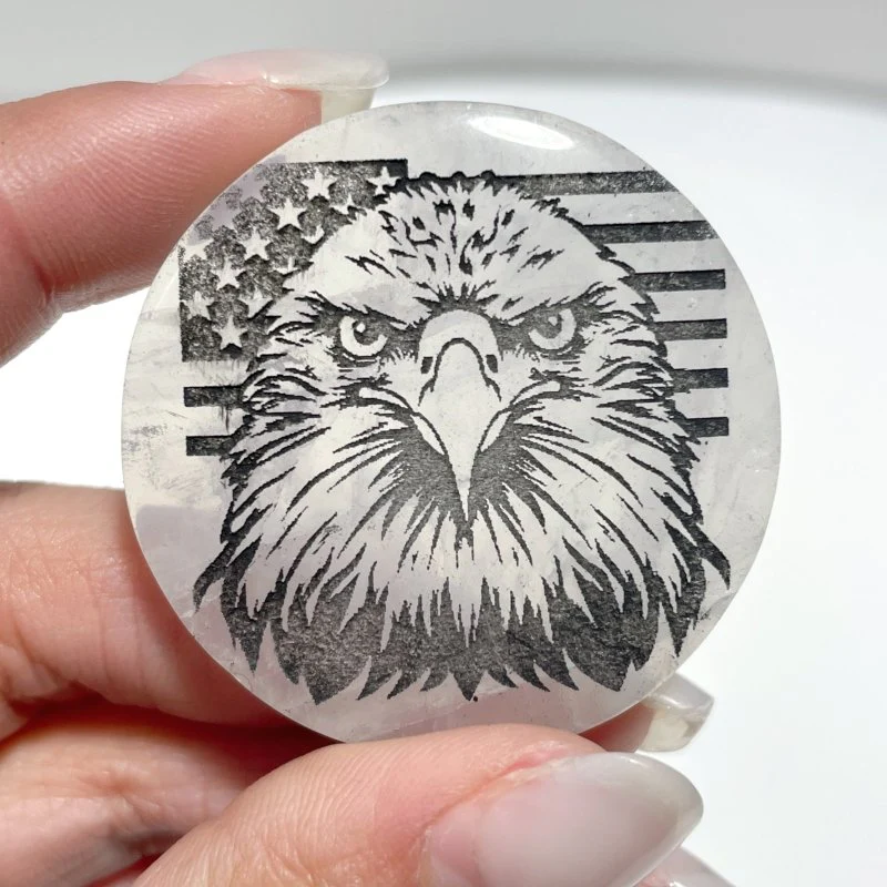4cm Black Obsidian Clear Quartz Engraved Eagle Round Slices DIY Wholesale