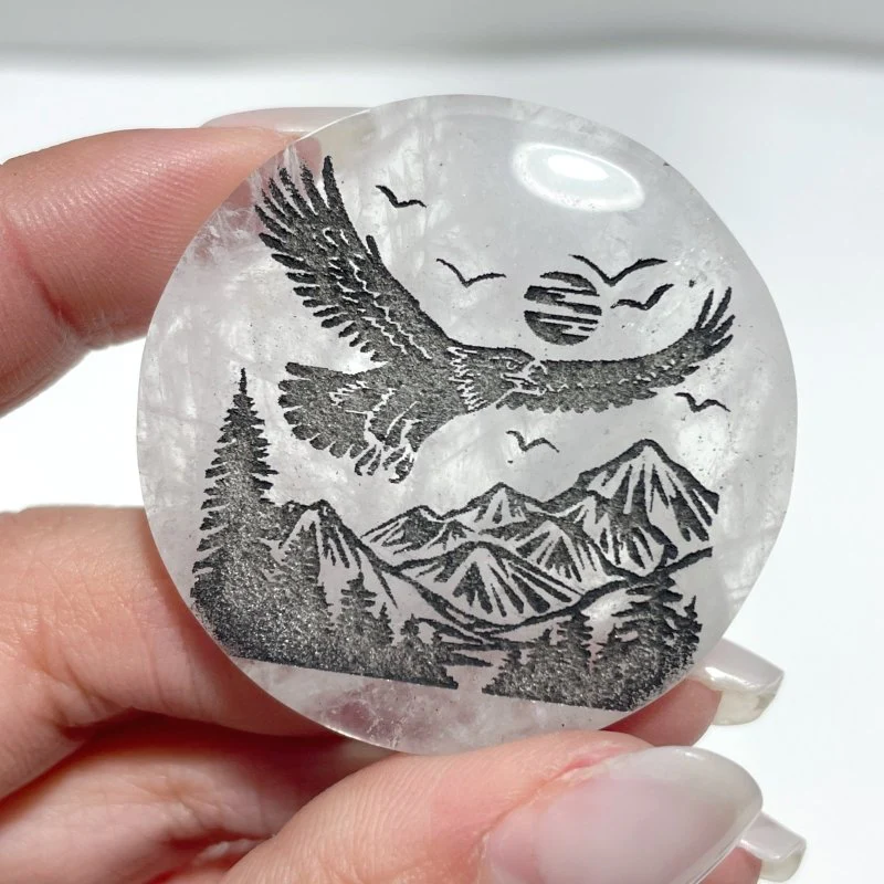 4cm Black Obsidian Clear Quartz Engraved Eagle Round Slices DIY Wholesale - Image 10