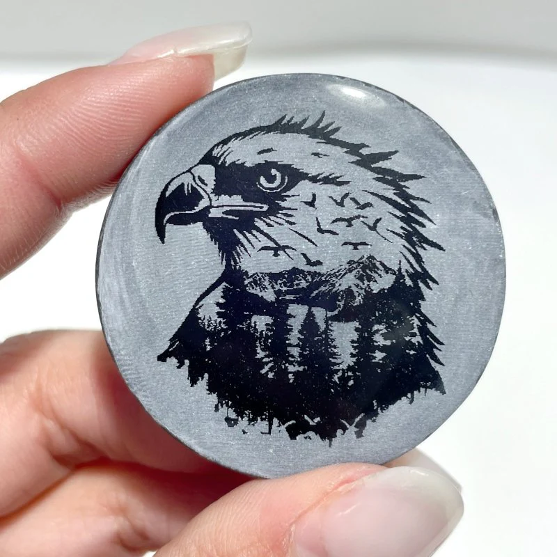 4cm Black Obsidian Clear Quartz Engraved Eagle Round Slices DIY Wholesale - Image 11