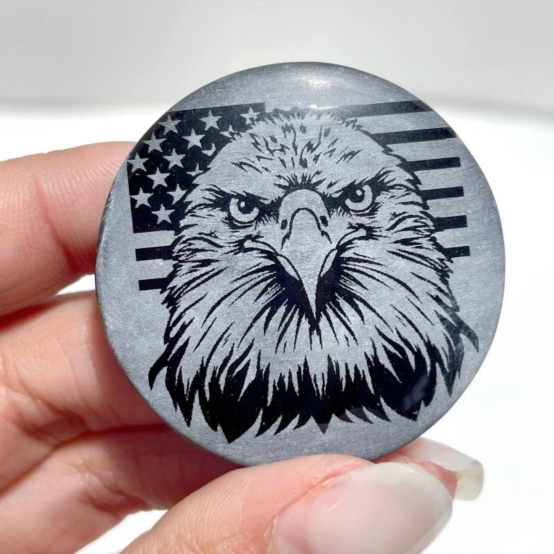 4cm Black Obsidian Clear Quartz Engraved Eagle Round Slices DIY Wholesale - Image 12