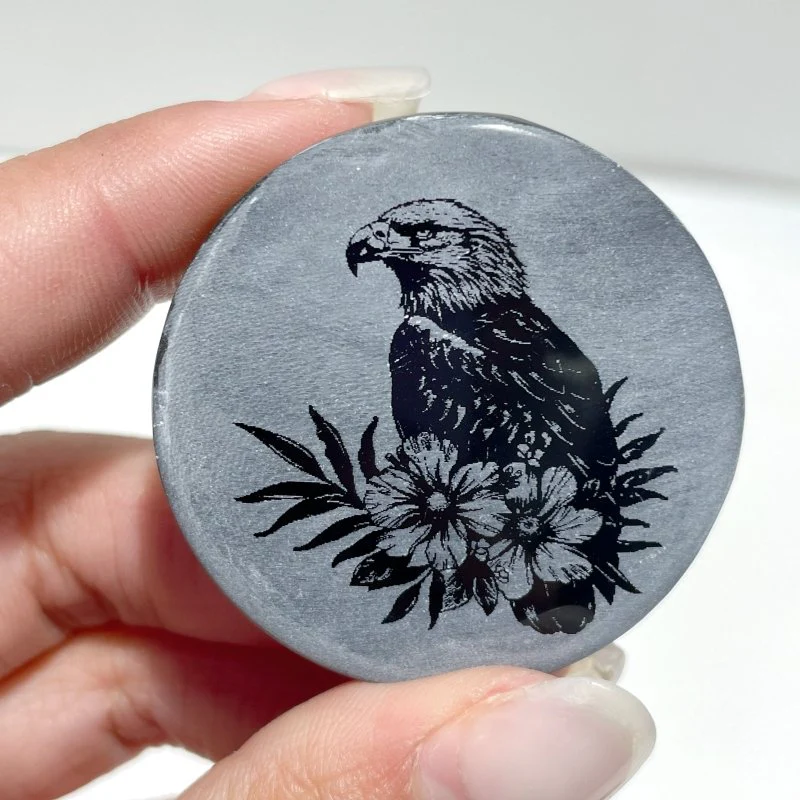 4cm Black Obsidian Clear Quartz Engraved Eagle Round Slices DIY Wholesale - Image 14