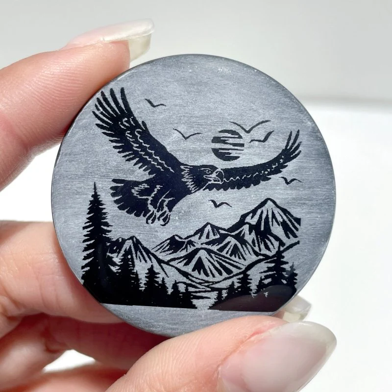 4cm Black Obsidian Clear Quartz Engraved Eagle Round Slices DIY Wholesale - Image 15