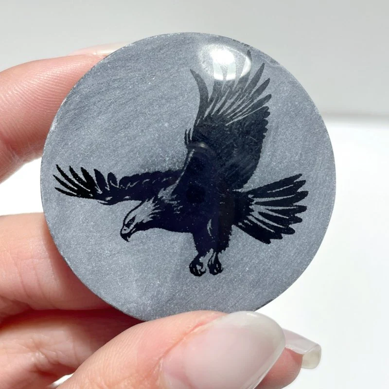 4cm Black Obsidian Clear Quartz Engraved Eagle Round Slices DIY Wholesale - Image 16