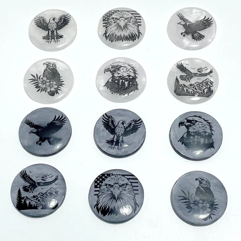 4cm Black Obsidian Clear Quartz Engraved Eagle Round Slices DIY Wholesale - Image 2