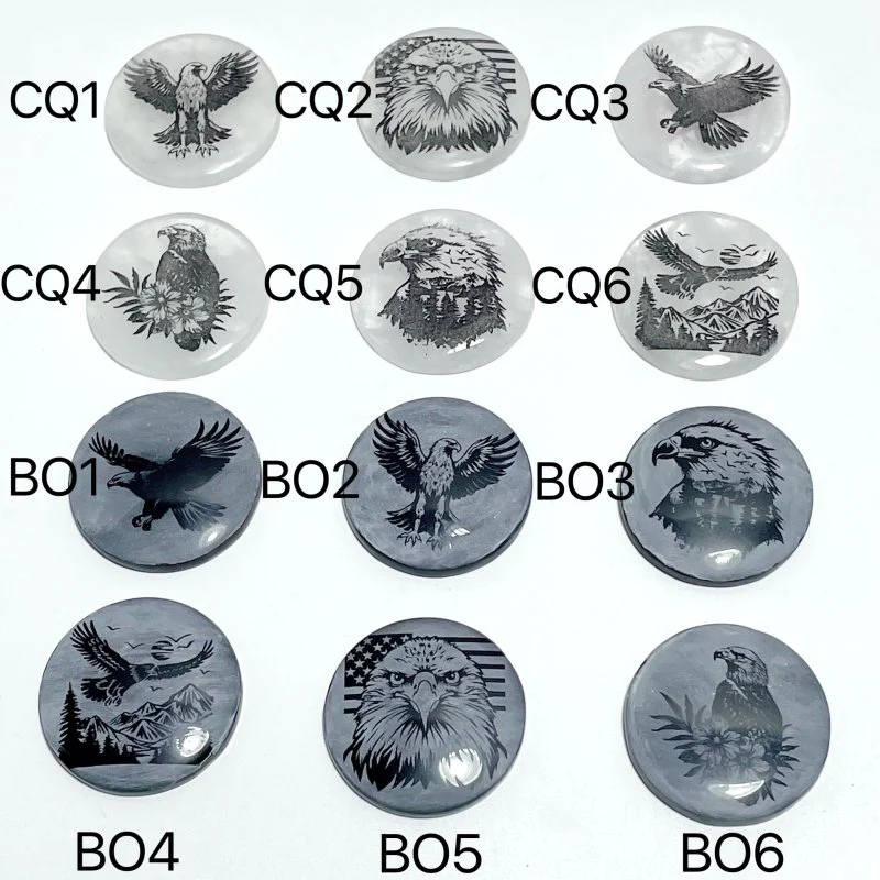 4cm Black Obsidian Clear Quartz Engraved Eagle Round Slices DIY Wholesale - Image 3