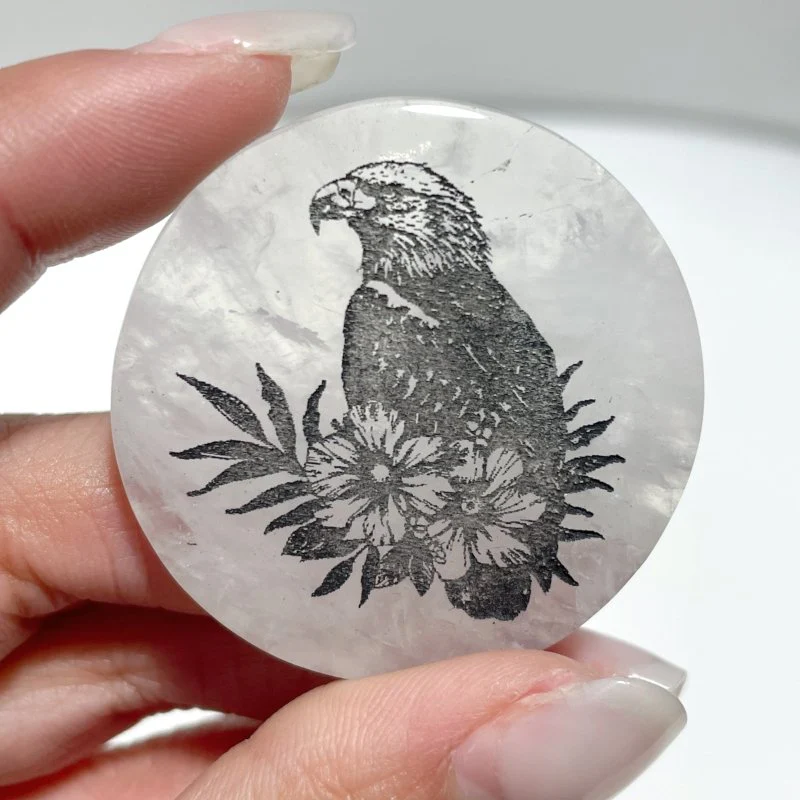 4cm Black Obsidian Clear Quartz Engraved Eagle Round Slices DIY Wholesale - Image 6