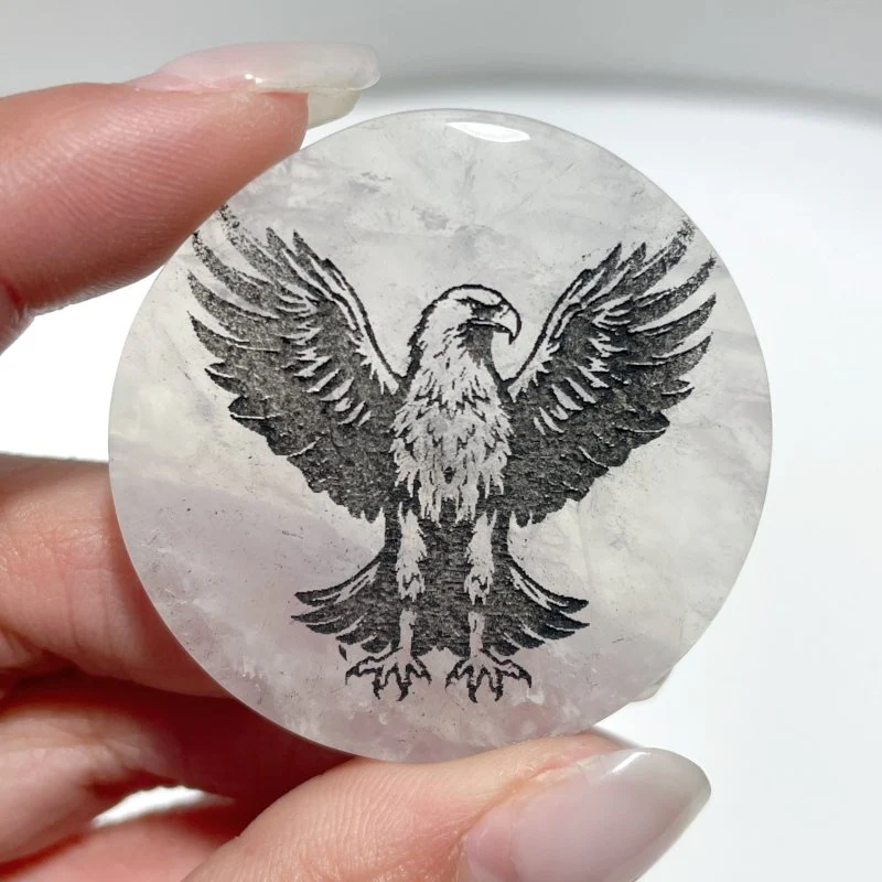 4cm Black Obsidian Clear Quartz Engraved Eagle Round Slices DIY Wholesale - Image 7