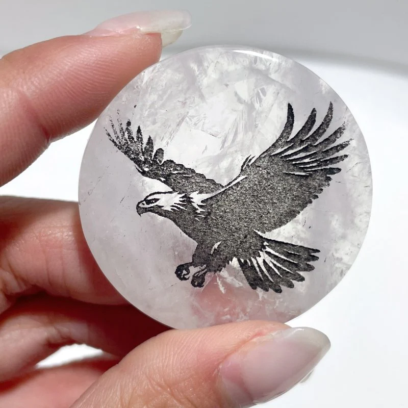 4cm Black Obsidian Clear Quartz Engraved Eagle Round Slices DIY Wholesale - Image 8