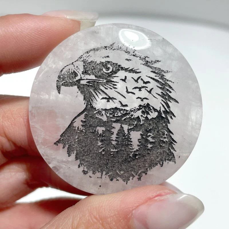 4cm Black Obsidian Clear Quartz Engraved Eagle Round Slices DIY Wholesale - Image 9