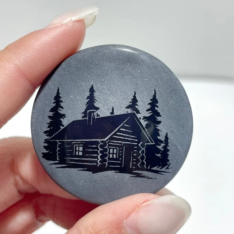 4cm Black Obsidian Forest Landscape Engraved Round Slices DIY Wholesale