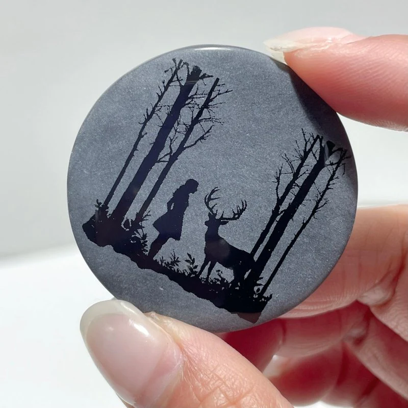 4cm Black Obsidian Forest Landscape Engraved Round Slices DIY Wholesale - Image 6