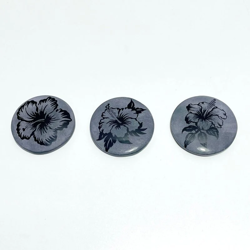 4cm Black Obsidian Hawaiian Flowers Engraved Round Slices DIY Wholesale - Image 2