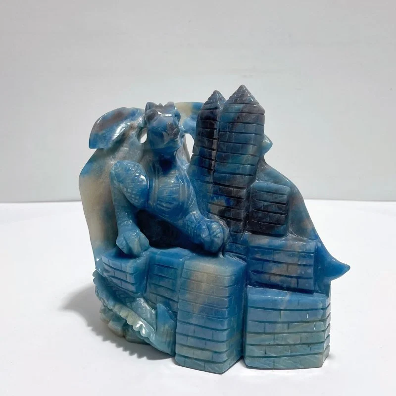 6.7in Beautiful Trolleite Flying Dragon With Castle Carving