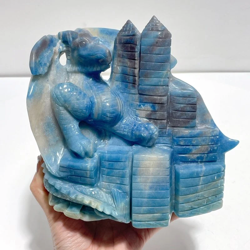 6.7in Beautiful Trolleite Flying Dragon With Castle Carving - Image 4