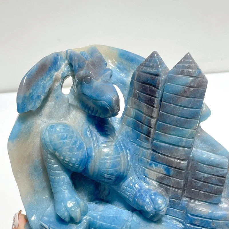 6.7in Beautiful Trolleite Flying Dragon With Castle Carving - Image 5