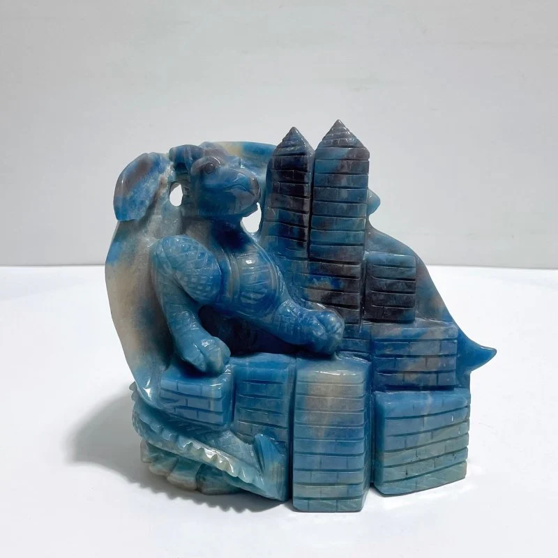 6.7in Beautiful Trolleite Flying Dragon With Castle Carving - Image 6