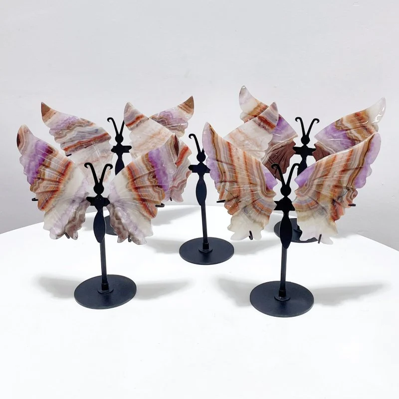 5 Pairs Beautiful Amethyst Mixed Stripe Agate Butterfly Wing Carving With Stand