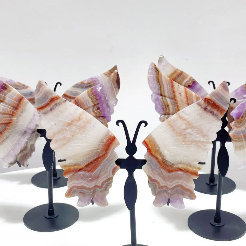 5 Pairs Beautiful Amethyst Mixed Stripe Agate Butterfly Wing Carving With Stand - Image 2