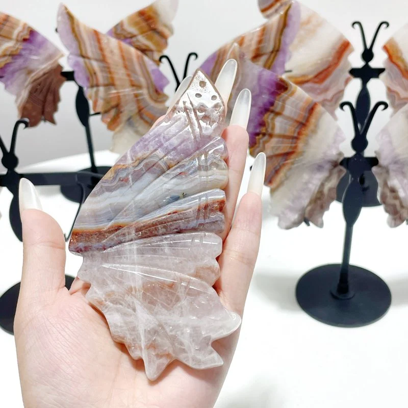 5 Pairs Beautiful Amethyst Mixed Stripe Agate Butterfly Wing Carving With Stand - Image 3