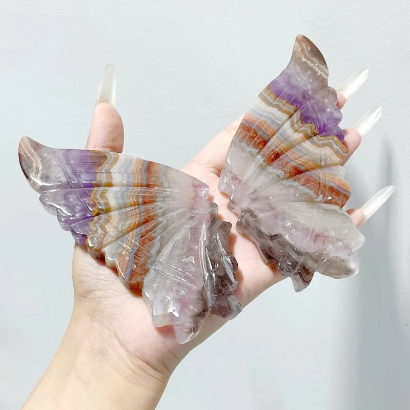 5 Pairs Beautiful Amethyst Mixed Stripe Agate Butterfly Wing Carving With Stand - Image 5