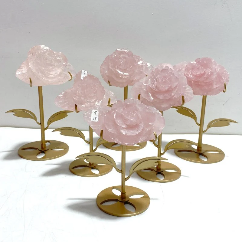 6 Pairs Beautiful Rose Quartz Flower Carving With Stand